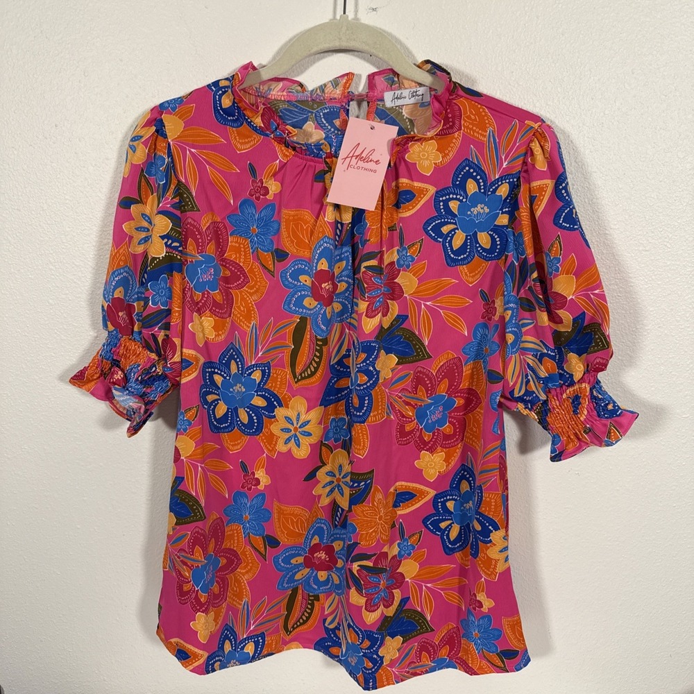 Adeline Clothing Women Pink Floral Short Sleeve Blouse Med NWT Q1‎